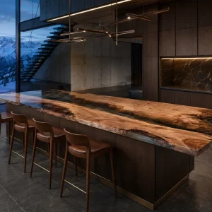 Commercial Epoxy Live Edge Countertop in French Poplar with Grey Epoxy | ELET025