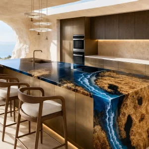 Luxury French Poplar Epoxy Live Edge Countertop with Ocean Blue Epoxy | ELET029