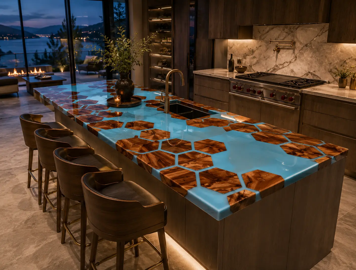 Walnut Epoxy Live Edge Countertop with Blue Epoxy | ELET034