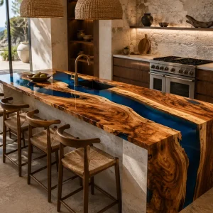 Bespoke Walnut Epoxy Live Edge Countertop with Blue Epoxy | ELET041