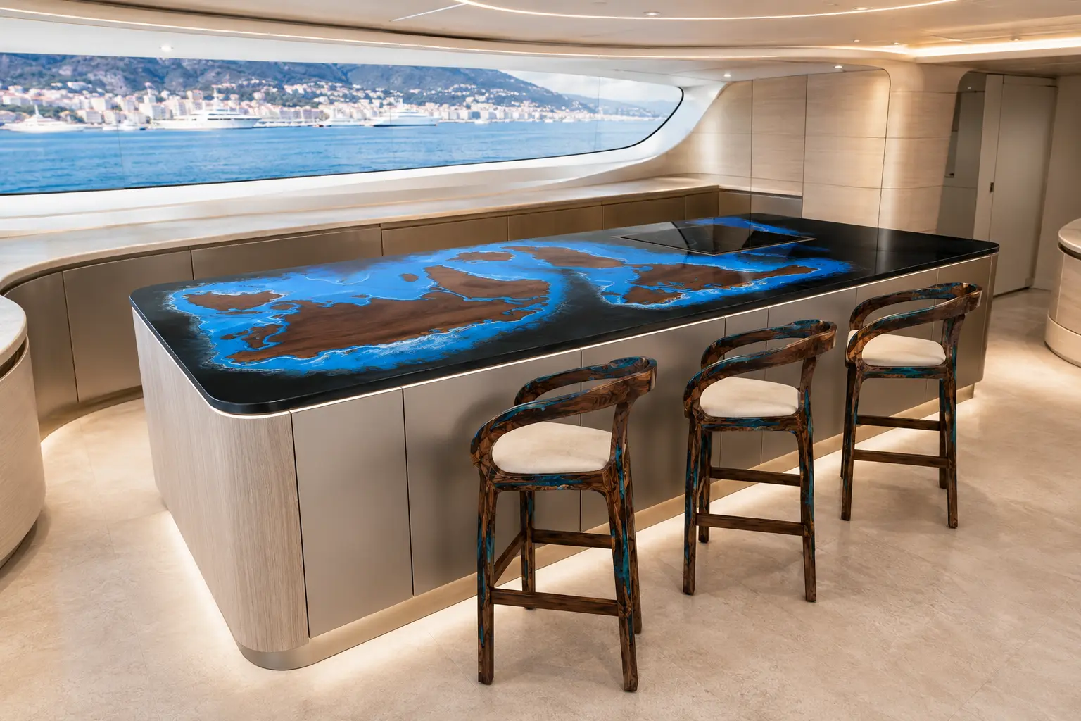 Map Walnut Epoxy Live Edge Countertop with Ocean Blue Epoxy | ELET042
