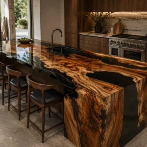 Premium Walnut Epoxy Live Edge Countertop with Black Epoxy | ELET043