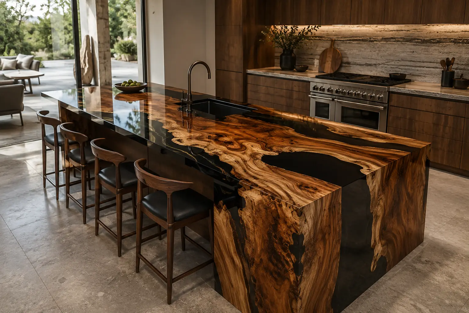 Premium Walnut Epoxy Live Edge Countertop with Black Epoxy | ELET043