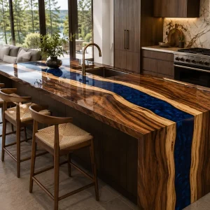 Bespoke Walnut Epoxy Live Edge Countertop with Blue Epoxy | ELET045