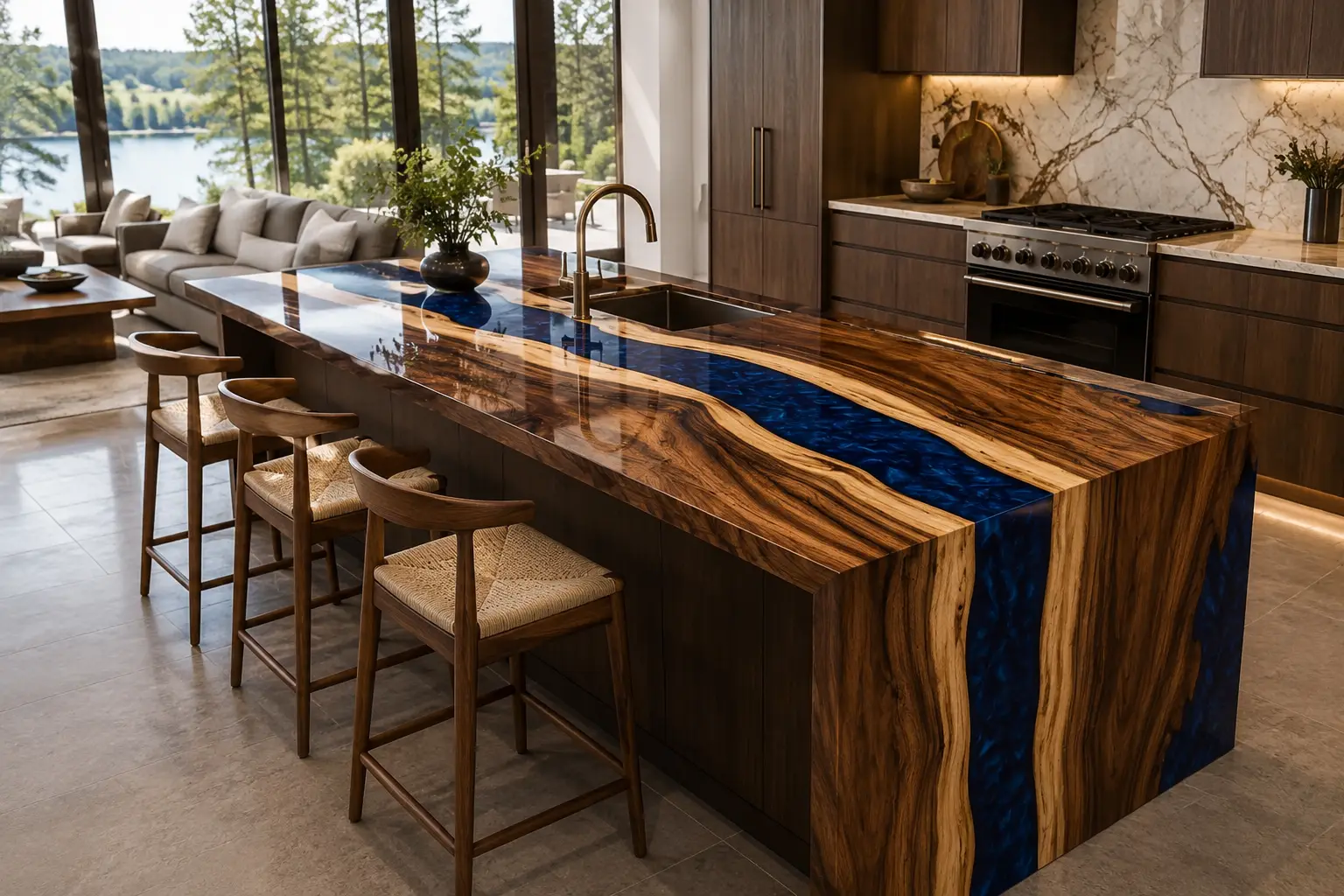 Bespoke Walnut Epoxy Live Edge Countertop with Blue Epoxy | ELET045