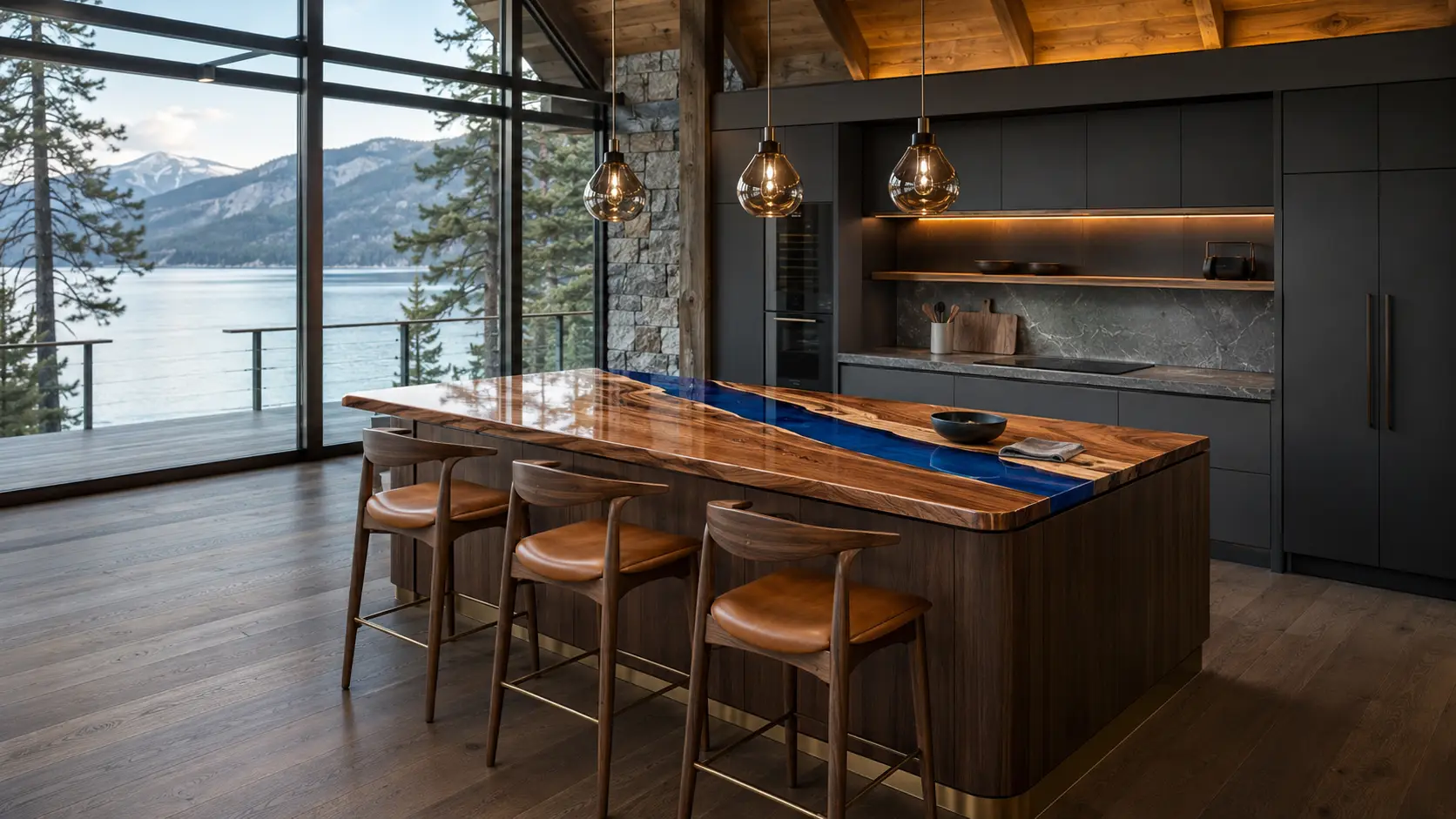 Walnut Epoxy Live Edge Countertop with Blue Epoxy | ELET046