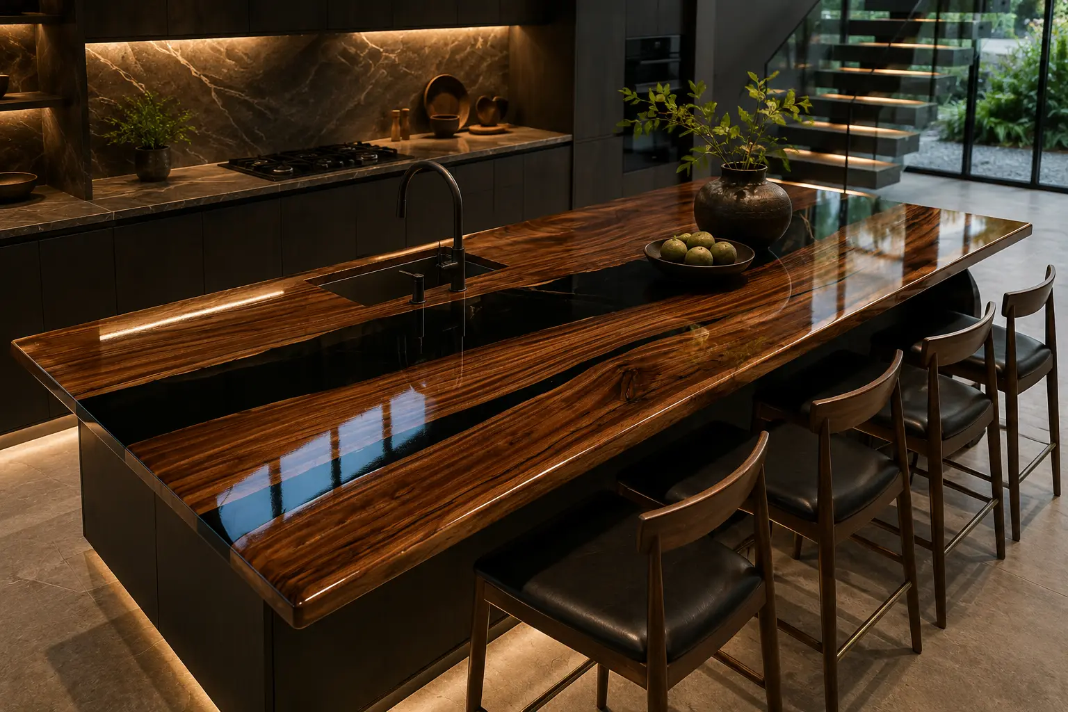 Black Walnut Epoxy Live Edge Countertop with Black Epoxy | ELET047