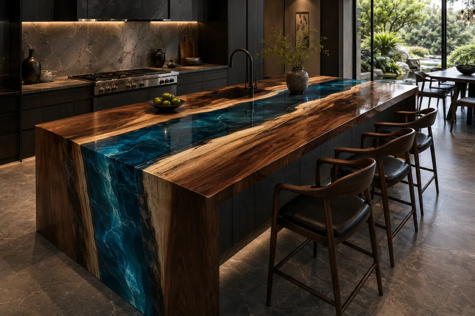 Walnut Epoxy Live Edge Countertop with Blue Epoxy | ELET048