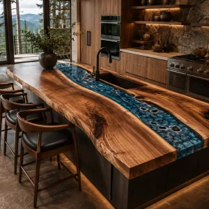 Walnut Epoxy Live Edge Countertop with Blue Epoxy | ELET052