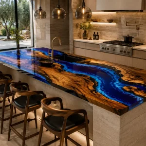 Luxury Walnut Epoxy Live Edge Countertop with Blue Epoxy | ELET053