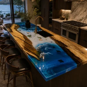 Luxury Walnut Epoxy Live Edge Countertop with Ocean Blue Epoxy | ELET055