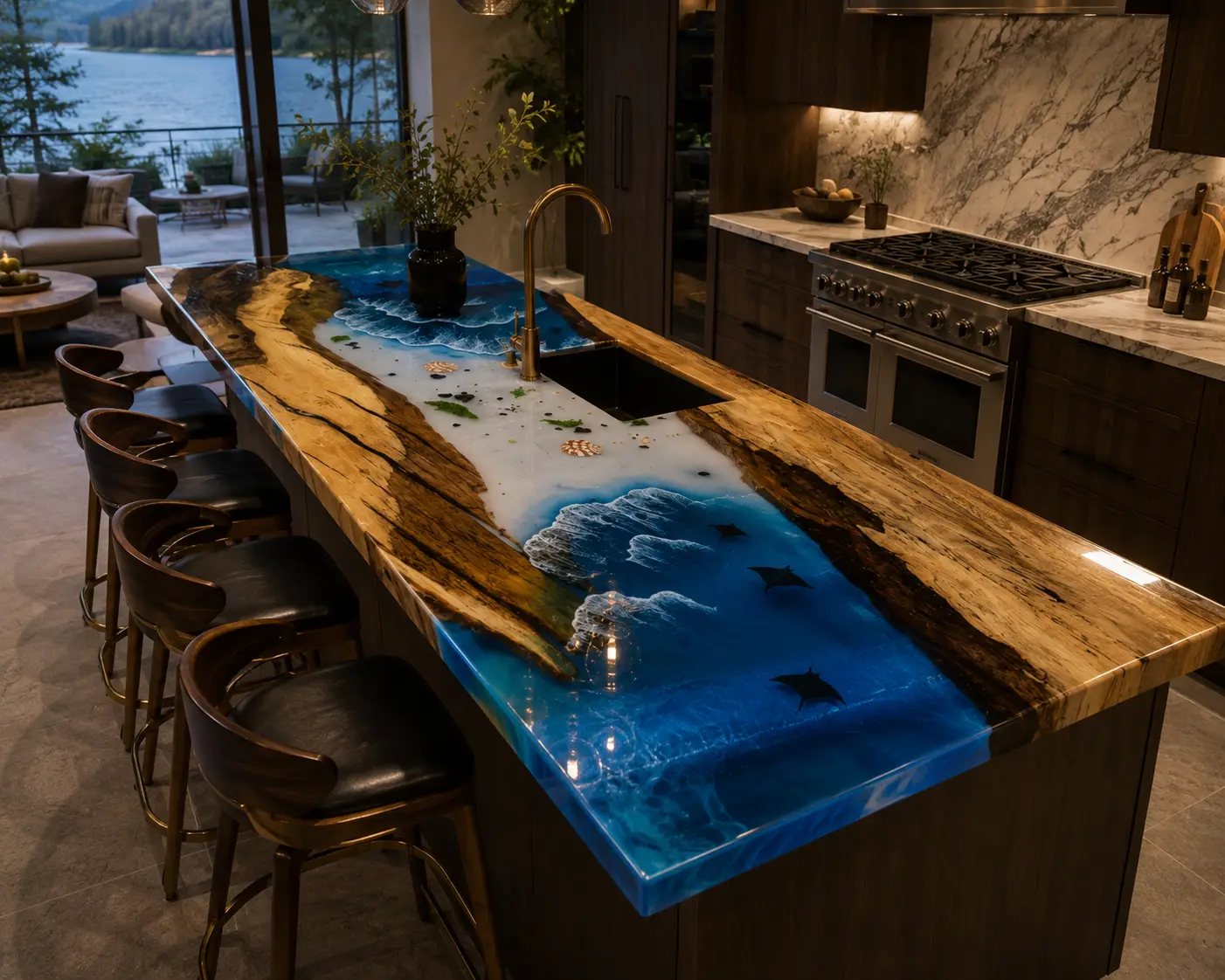 Luxury Walnut Epoxy Live Edge Countertop with Ocean Blue Epoxy | ELET055