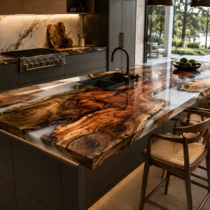 Walnut Epoxy Live Edge Countertop with White Epoxy | ELET056