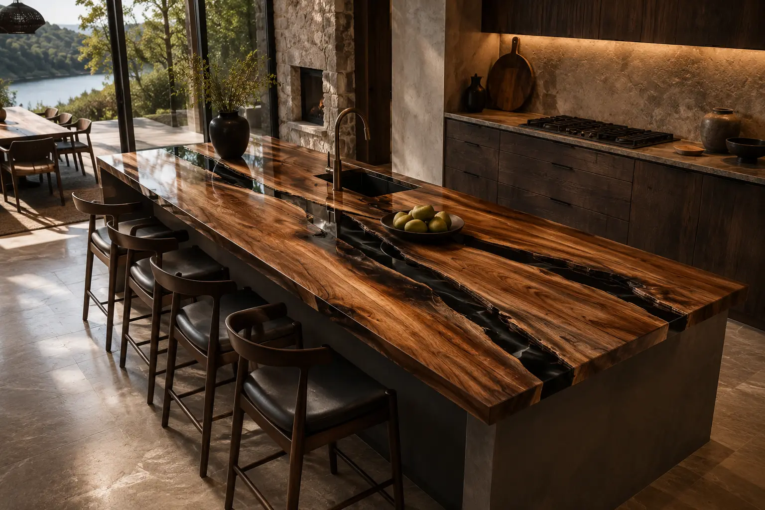 Walnut Epoxy Live Edge Countertop with Black Epoxy | ELET059