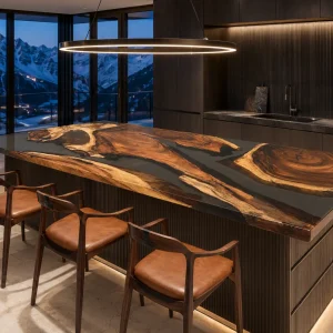 Bespoke Walnut Epoxy Live Edge Countertop with Black Epoxy | ELET060