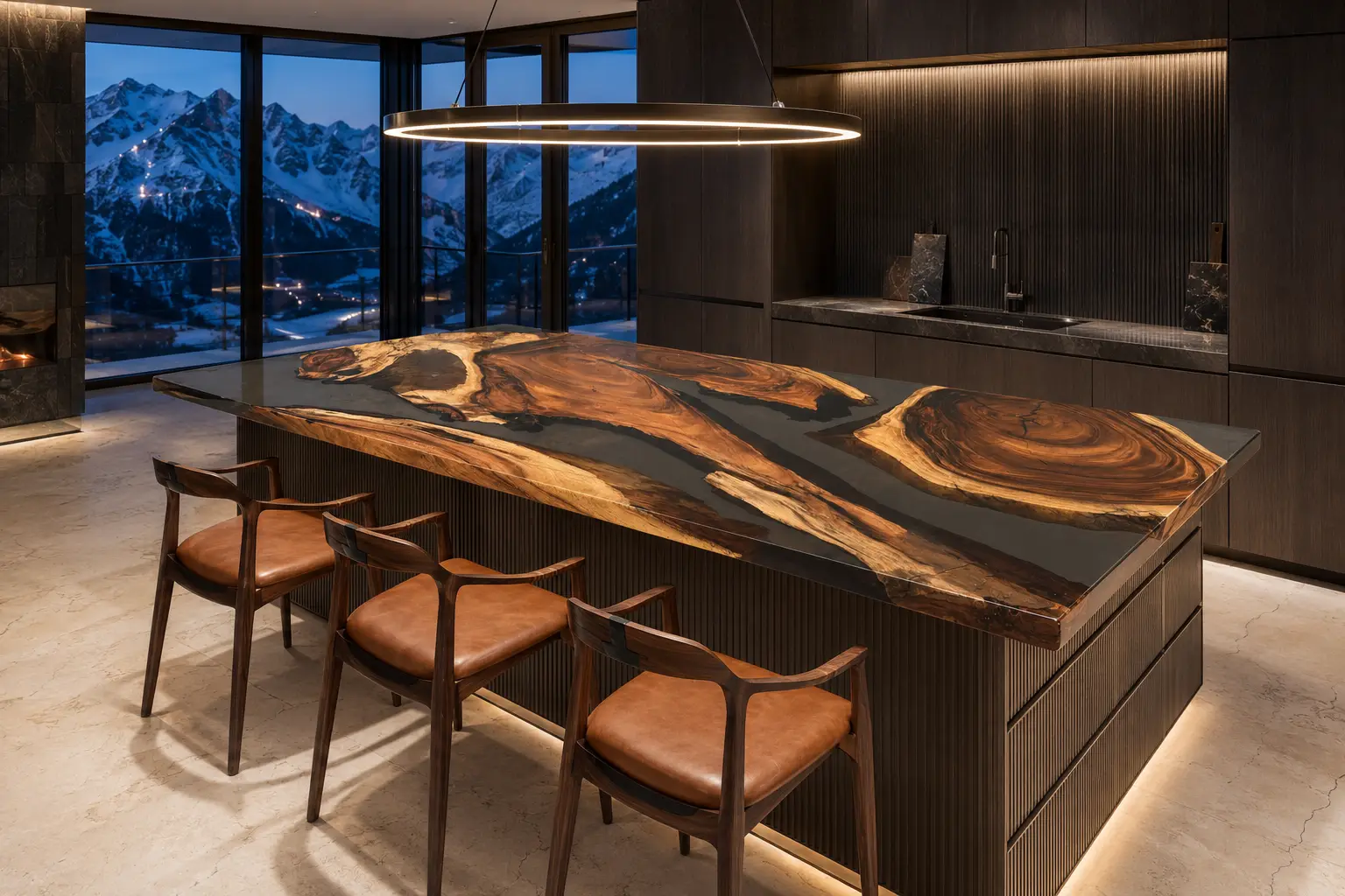 Bespoke Walnut Epoxy Live Edge Countertop with Black Epoxy | ELET060