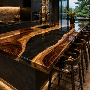 Bespoke Walnut Epoxy Live Edge Countertop with Black Epoxy | ELET064