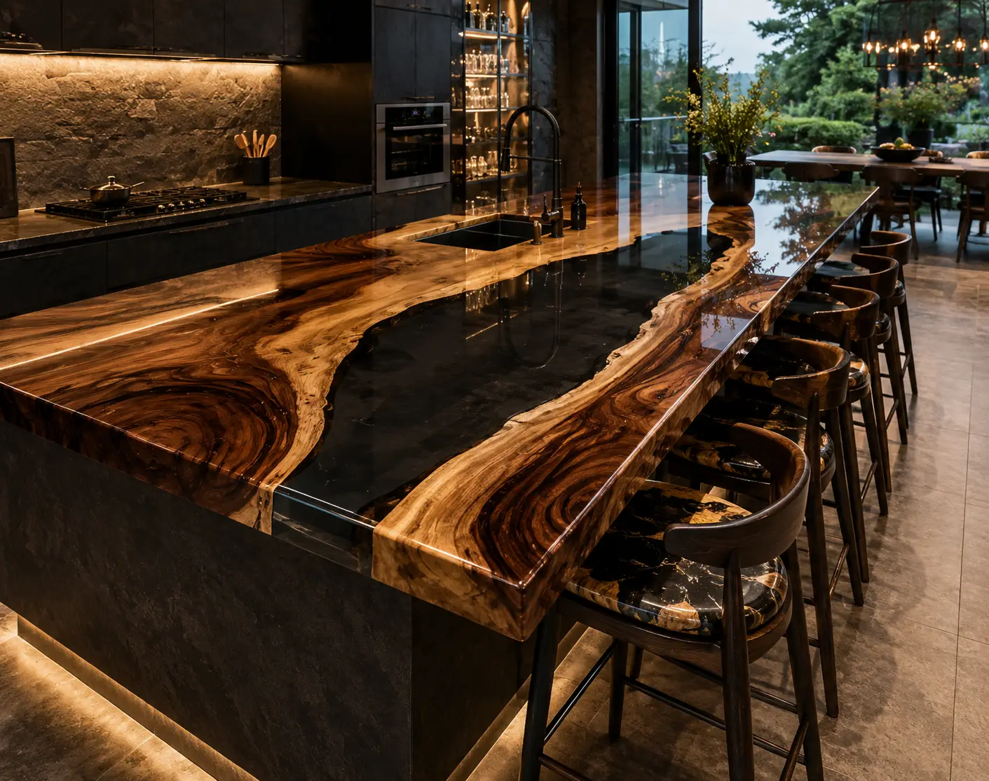 Bespoke Walnut Epoxy Live Edge Countertop with Black Epoxy | ELET064