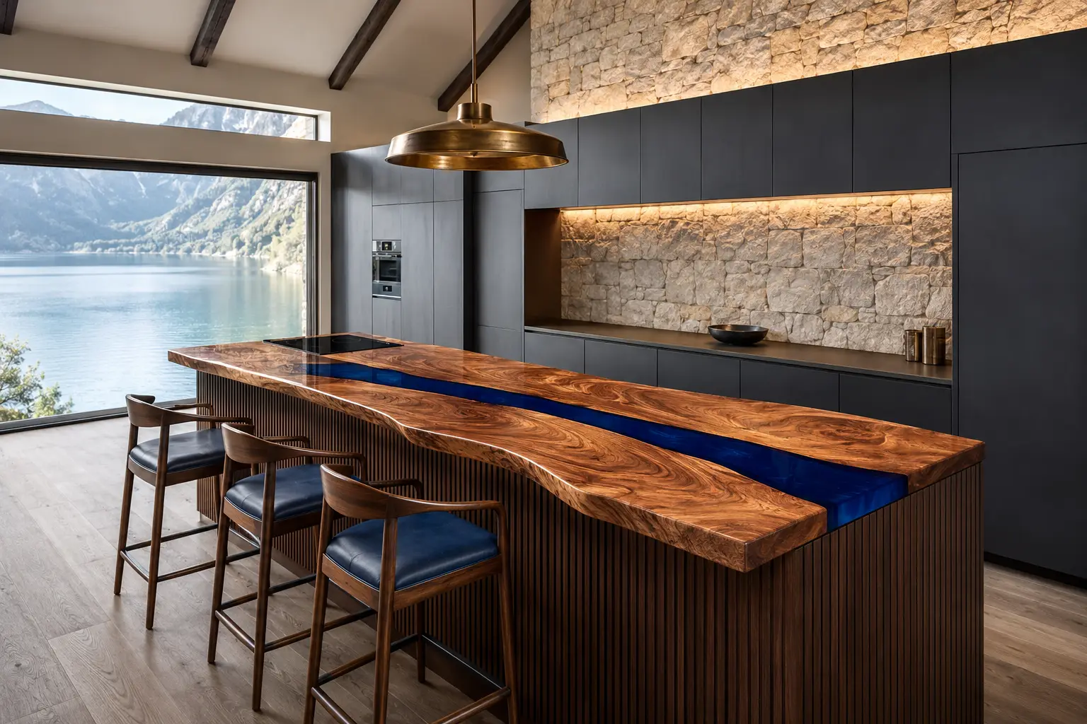 Bespoke Walnut Epoxy Live Edge Countertop with Blue Epoxy | ELET065