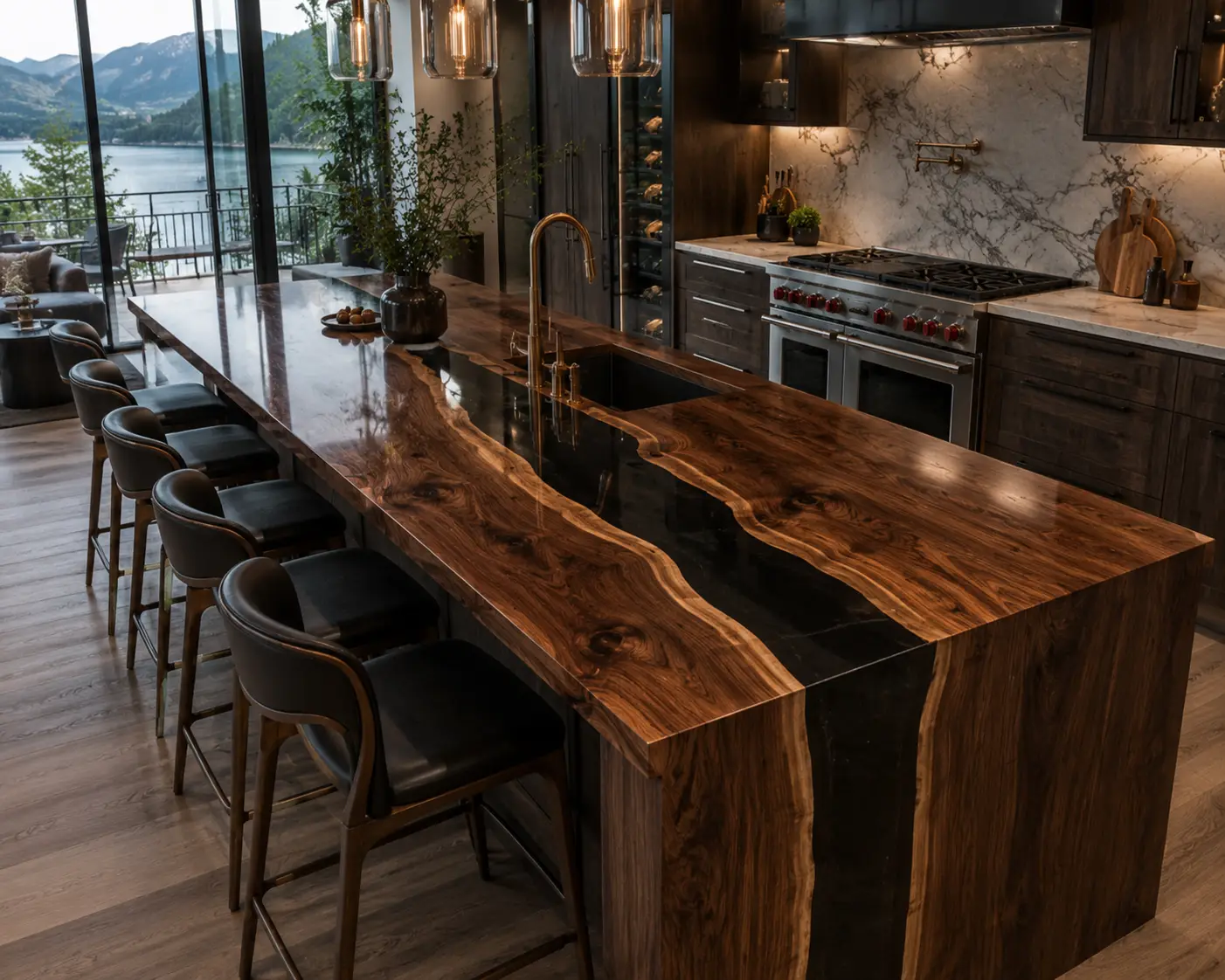Bespoke Walnut Epoxy Live Edge Countertop with Black Epoxy | ELET066