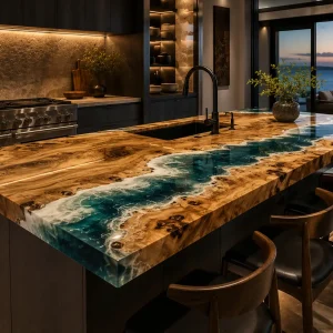 Bespoke French Poplar Epoxy Live Edge Countertop with Ocean Blue Epoxy | ELET068