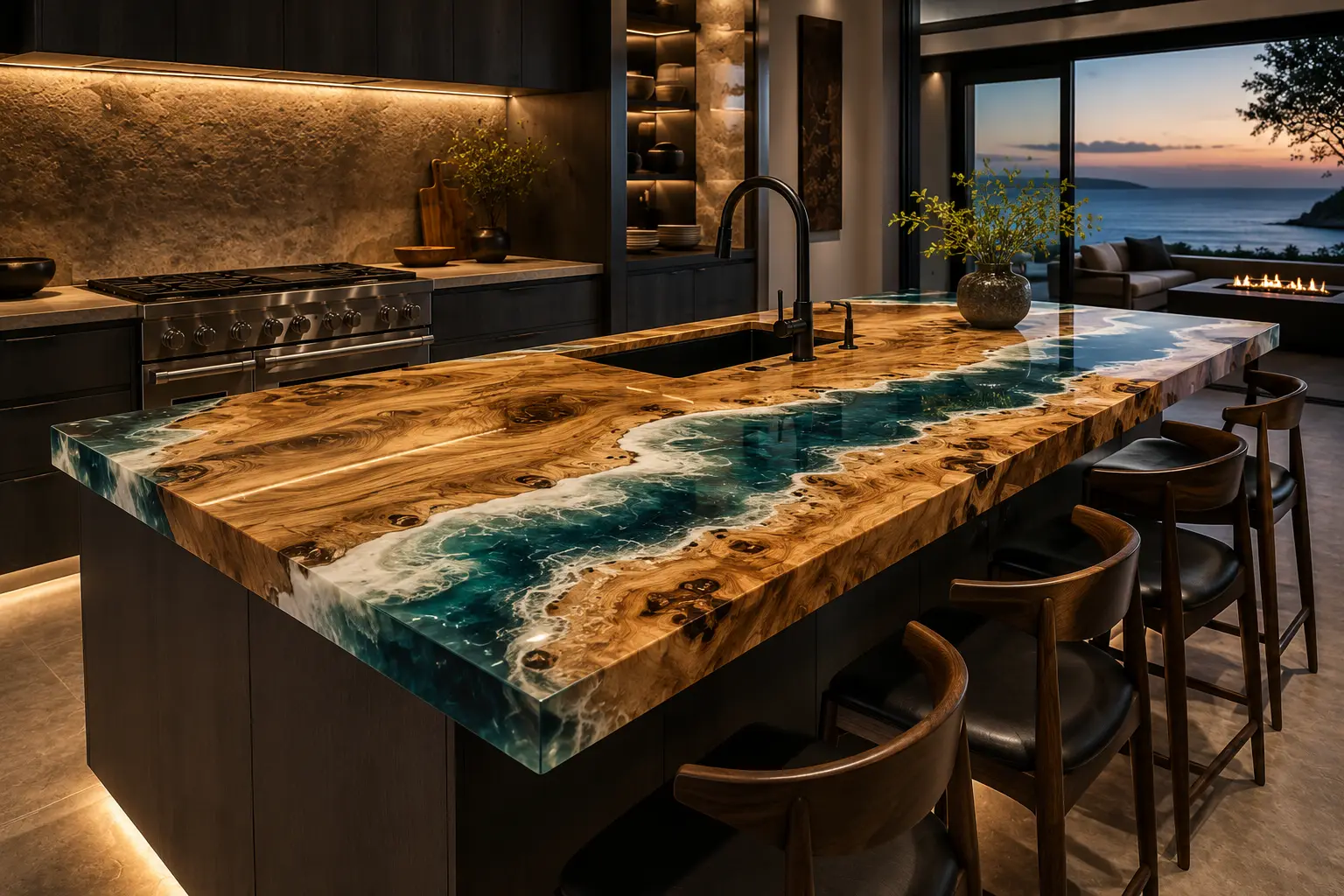 Bespoke French Poplar Epoxy Live Edge Countertop with Ocean Blue Epoxy | ELET068