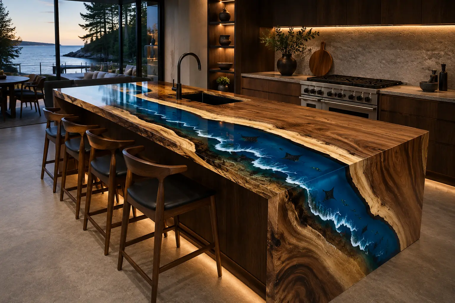 Premium custom Epoxy River Countertop made from Walnut with Ocean Beach epoxy resin Waterfall SKU ERC002