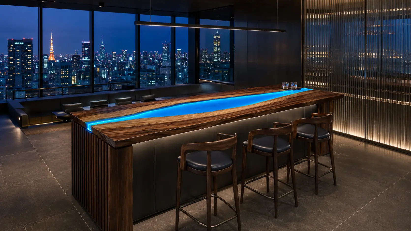 Made-to-order With LED Epoxy River Countertop in Walnut and Blue epoxy resin model ERC003