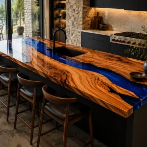 Made-to-order Live Edge Epoxy River Countertop in Walnut and Blue epoxy resin model ERC005