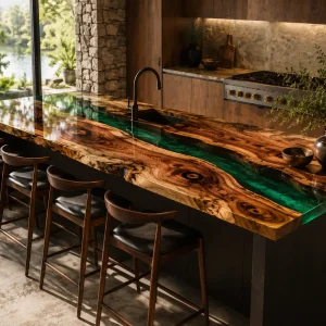Premium custom Epoxy River Countertop made from Walnut with Green epoxy resin SKU ERC006