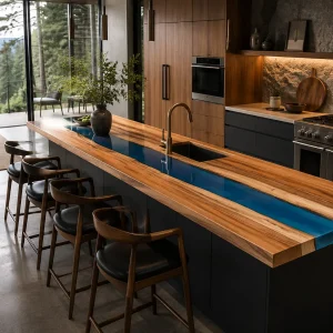 Handcrafted Epoxy River Countertop with Walnut and Blue epoxy resin SKU ERC009