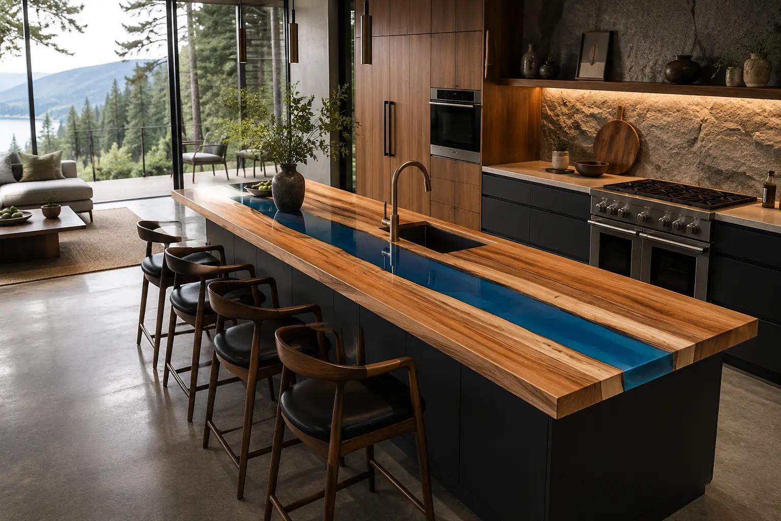 Handcrafted Epoxy River Countertop with Walnut and Blue epoxy resin SKU ERC009