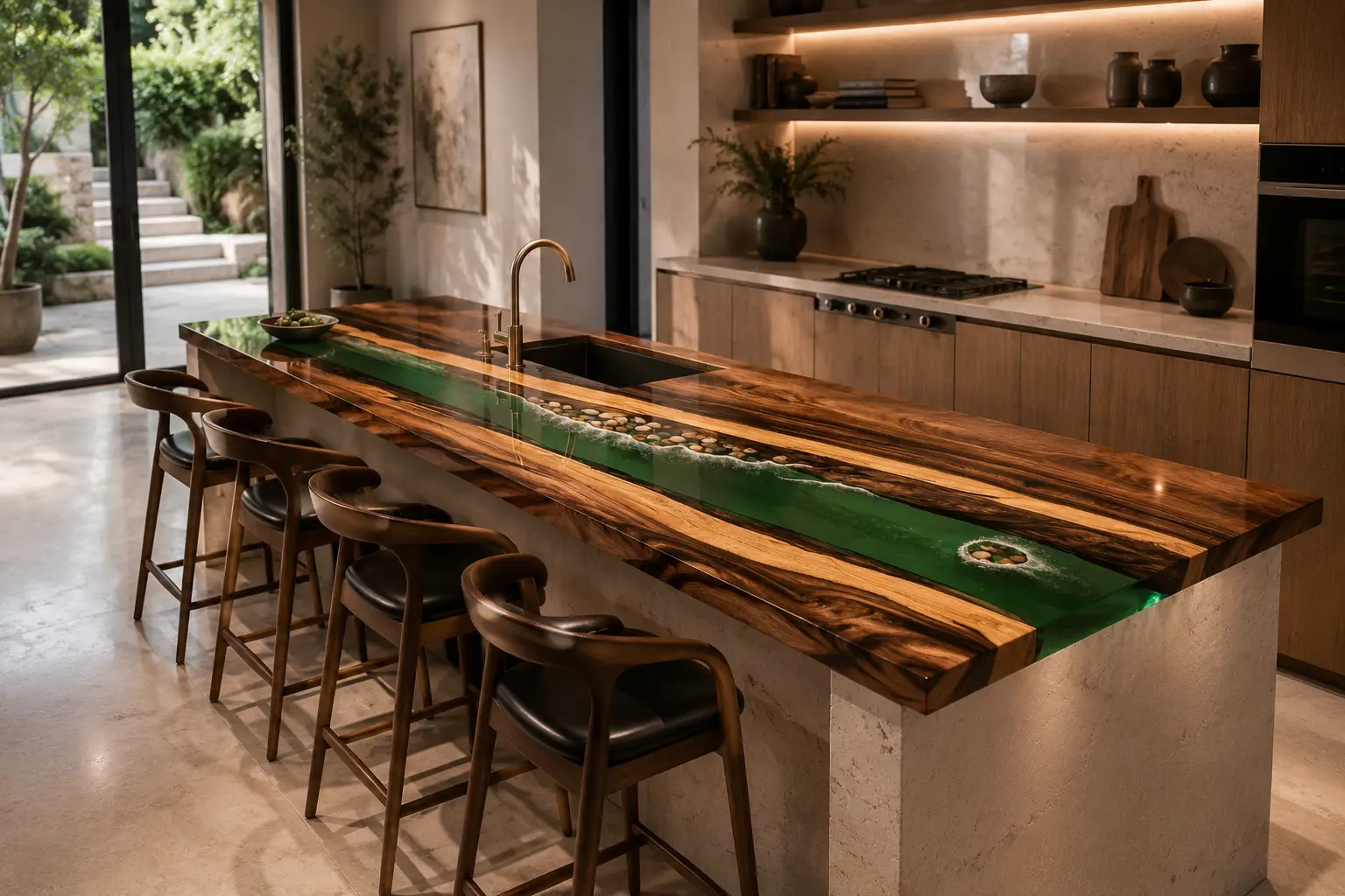 Designer Epoxy River Countertop made with Walnut and Green epoxy resin reference ERC010