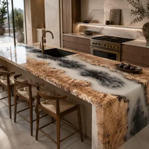 Handcrafted Epoxy River Countertop crafted from French Poplar and White epoxy resin SKU ERC013
