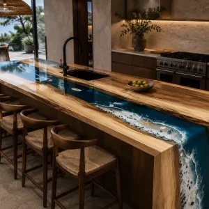Handcrafted Epoxy River Countertop with Walnut and Ocean Beach epoxy resin in a Waterfall design SKU ERC015