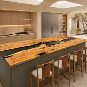 Made-to-Order Olive Wood Epoxy River Countertop featuring Black epoxy resin product ERC016