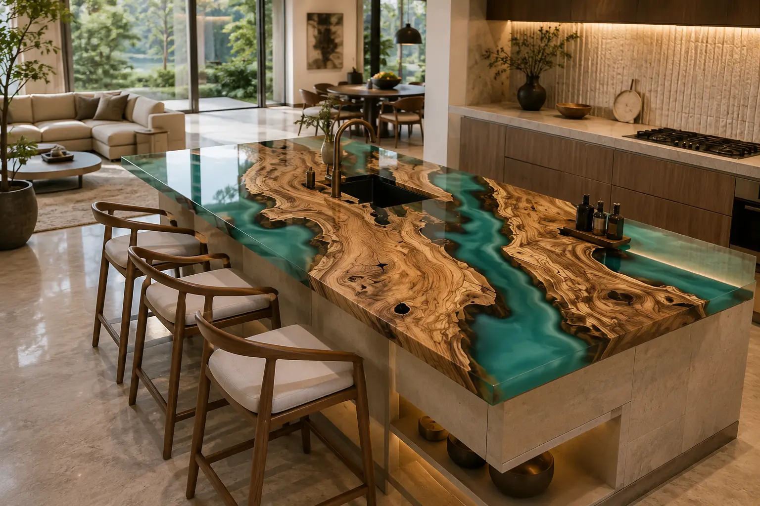 Signature Epoxy River Countertop crafted from Olive Wood and Blue epoxy resin SKU ERC018