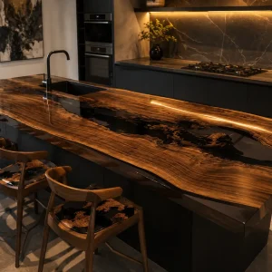 Premium custom Epoxy River Countertop made from Black Walnut with Black epoxy resin Live Edge SKU ERC020