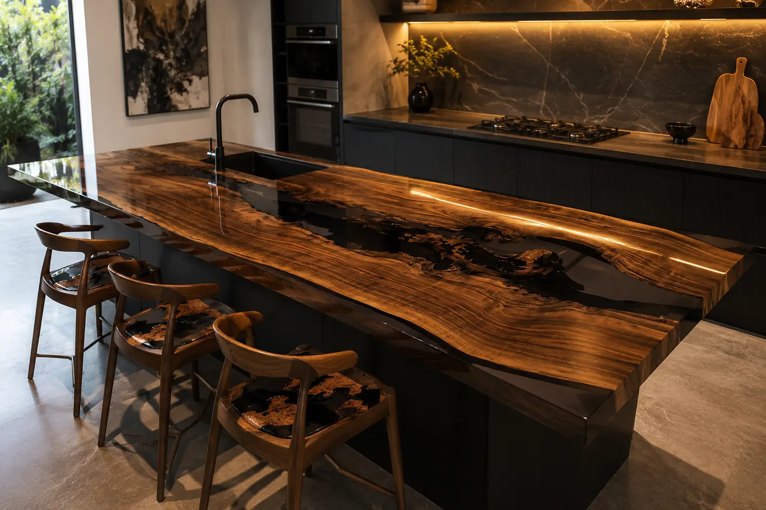 Premium custom Epoxy River Countertop made from Black Walnut with Black epoxy resin Live Edge SKU ERC020