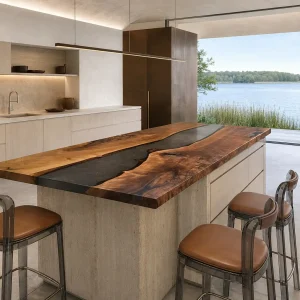 Designer Epoxy River Countertop made with Walnut and Black epoxy resin reference ERC021