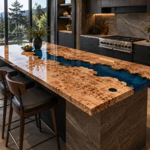 Bespoke French Poplar Live Edge Epoxy River Countertop featuring Blue epoxy resin product ERC025