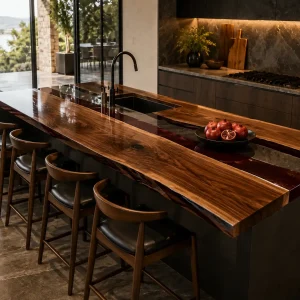 Bespoke Black Walnut Epoxy River Countertop featuring Black epoxy resin product ERC027