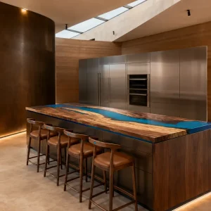 Handcrafted Epoxy River Countertop with Walnut and Blue epoxy resin in a Waterfall design SKU ERC029