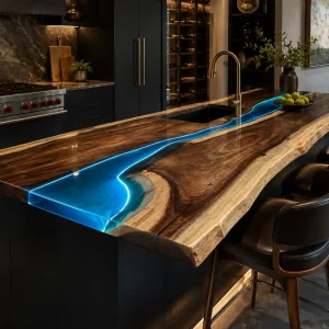 Signature Live Edge Epoxy River Countertop crafted from Walnut and Blue epoxy resin SKU ERC030