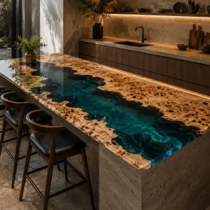Handcrafted Epoxy River Countertop with French Poplar and Blue epoxy resin SKU ERC033