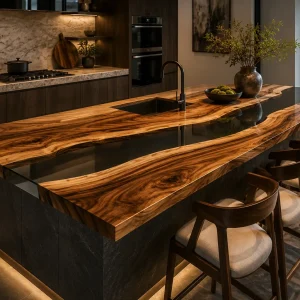 Handcrafted Epoxy River Countertop crafted from Walnut and Black epoxy resin SKU ERC034