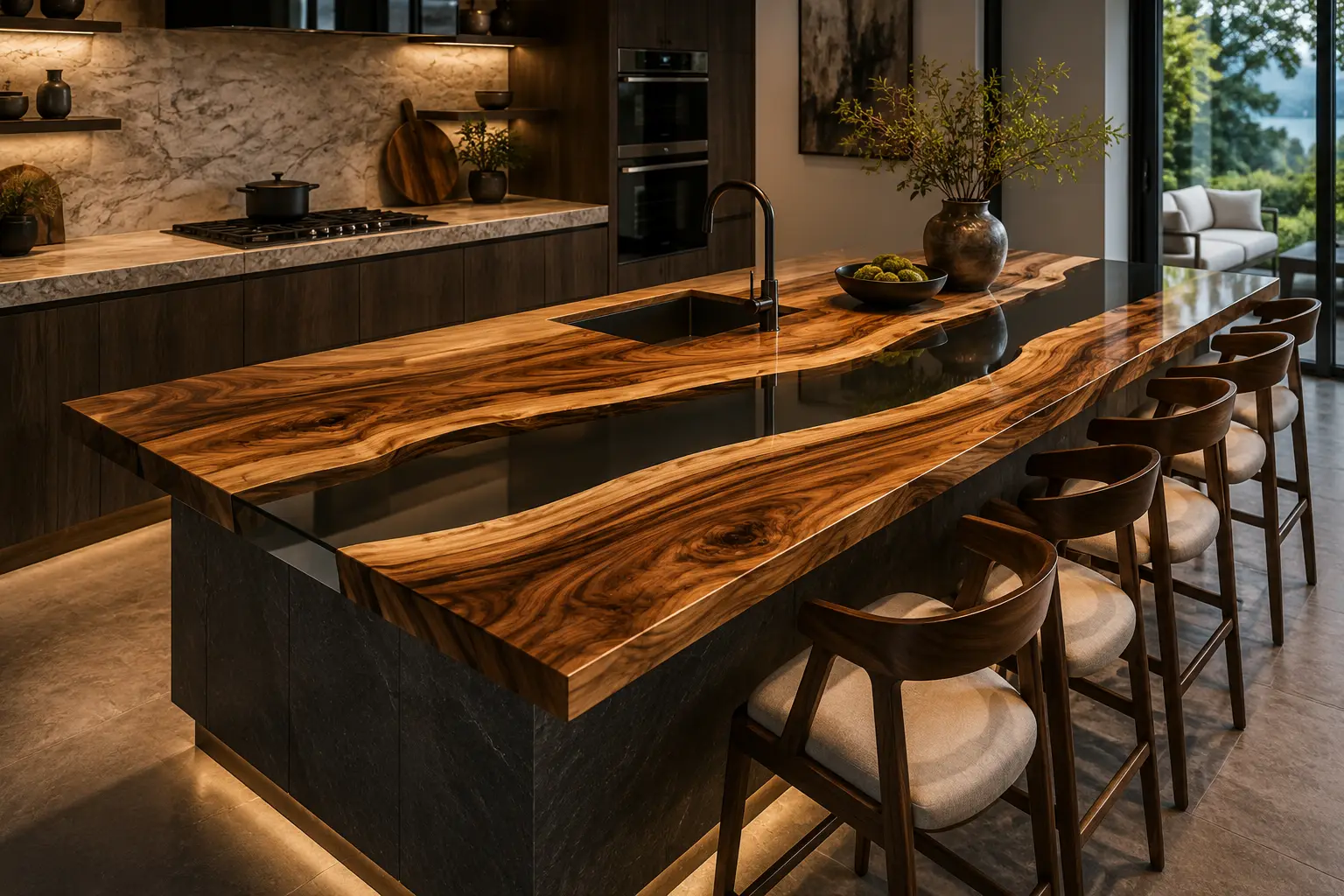 Handcrafted Epoxy River Countertop crafted from Walnut and Black epoxy resin SKU ERC034
