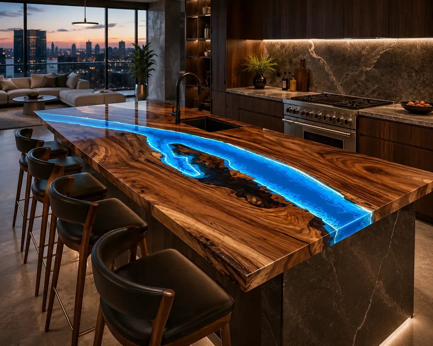 Custom Epoxy River Countertop crafted from Walnut and Blue epoxy resin SKU ERC037