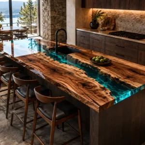Premium Walnut Live Edge Epoxy River Countertop featuring Green epoxy resin product ERC039