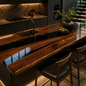 Designer Black Walnut Epoxy River Countertop featuring Black epoxy resin product ERC047